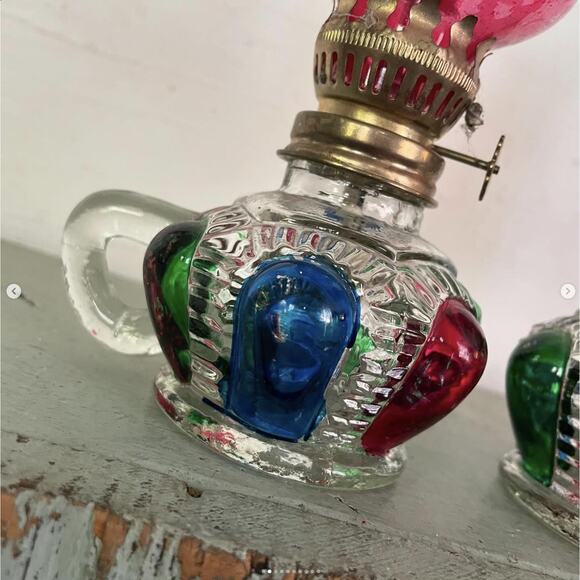 Vintage Glass Oil Lamp Handheld Mini Faceted Bottom Red Top Hong Kong PAIR - Picture 2 of 10